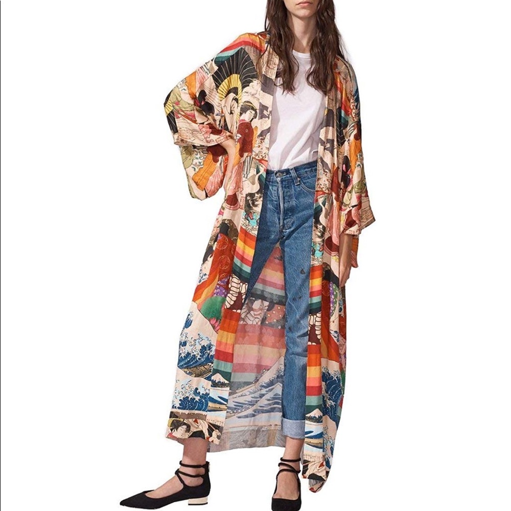 Asian print kimono Cover ups robe Floral Print